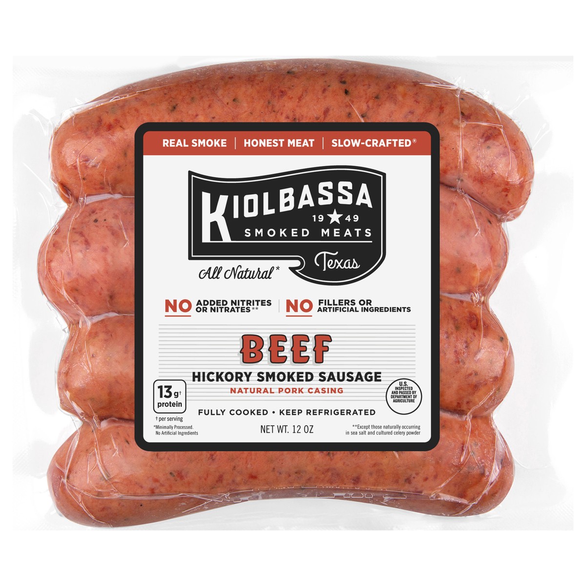 slide 1 of 1, Kiolbassa Beef Sausage Links, 13 oz