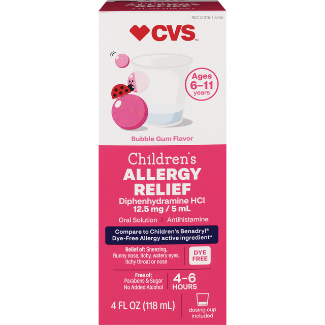 slide 1 of 1, Cvs Health Children's Allergy Relief Diph 12.5/ml, Bubble Gum, 4 Oz, 4 oz