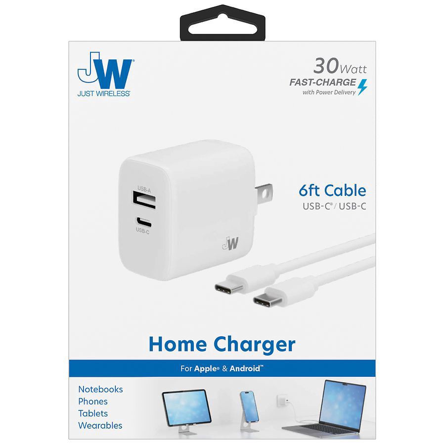 slide 1 of 4, Just Wireless Home Charger Dual USB-A/USB-C 30 Watt 6 ft, 1 ct