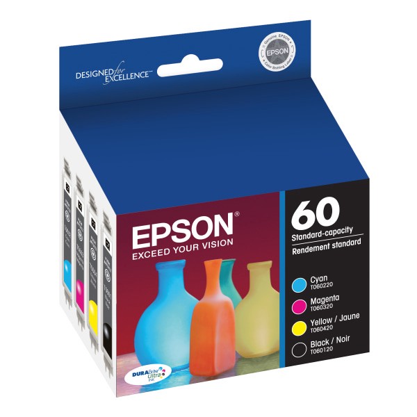 slide 2 of 5, Epson 60, (T060120-Bcs) Durabrite Black/Color Ink Cartridges, Pack Of 4, 4 ct
