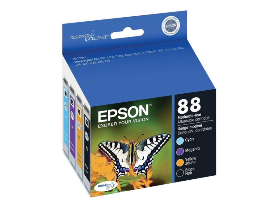 slide 2 of 2, Epson Durabrite Ultra T088120-Bcs Black/Cyan/Magenta/Yellow Ink Cartridges, Pack Of 4, 4 ct