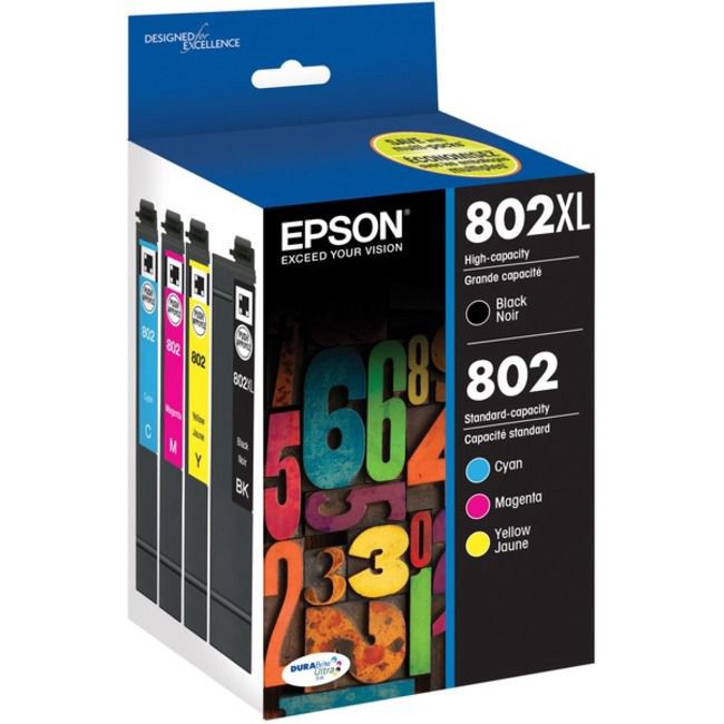 slide 2 of 2, Epson Durabrite T802Xl-Bcs High-Yield Black/Cyan/Magenta/Yellow Ink Cartridges, Pack Of 4, 4 ct