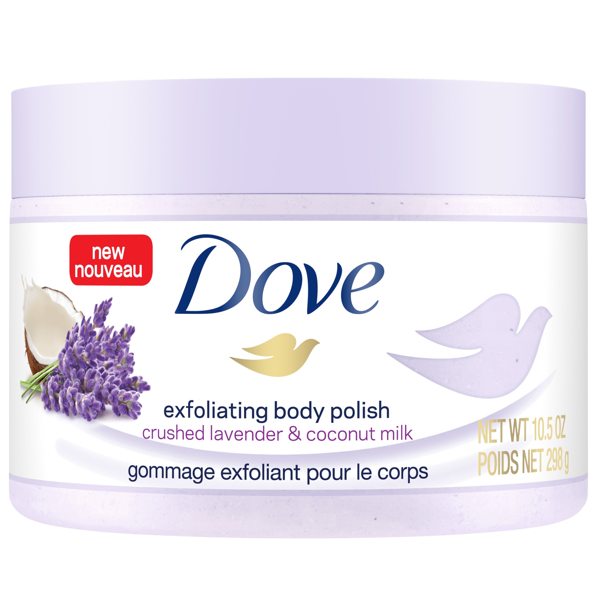 slide 1 of 4, Dove Crushed Lavender & Coconut Milk Exfoliating Body Scrub, 10.5 oz