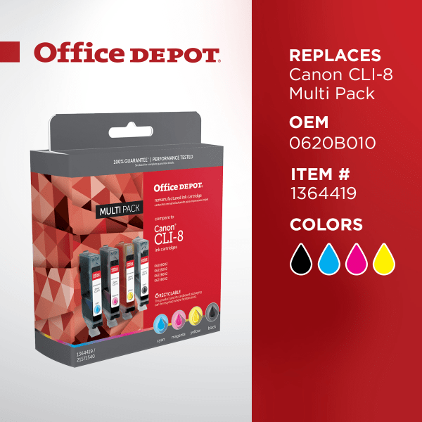 slide 3 of 5, Office Depot Brand Om01200 Canon Cli-8 (0620B002/0621B002/0622B002/0623B002) Remanufactured Black, Cyan, Magenta, Yellow Multi-Pack Inkjet Cartridges, 1 ct