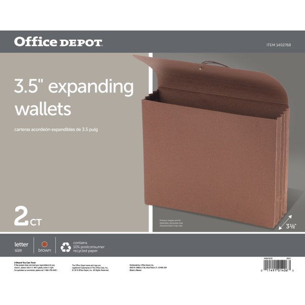 slide 2 of 3, Office Depot Brand Standard Expanding Wallet, Letter Size, Brown, 2 ct; 3 1/2 in
