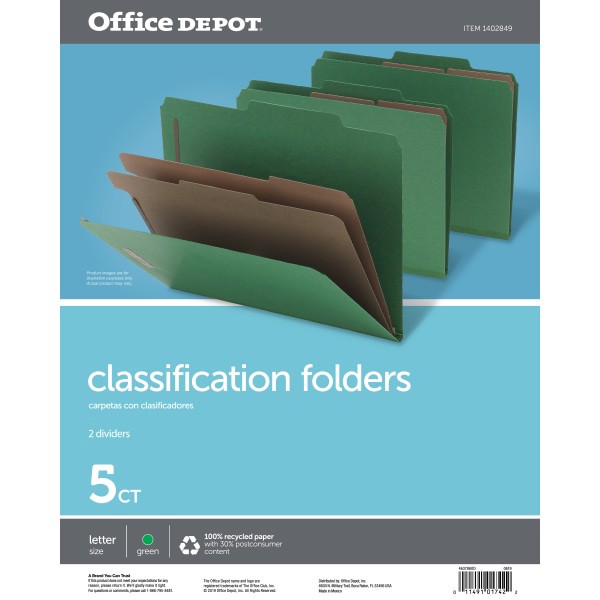 slide 2 of 2, Office Depot Classification Folders, 2 Dividers, 60% Recycled, Green, 5 ct; 8 1/2 in x 11 in x 2 1/2 in