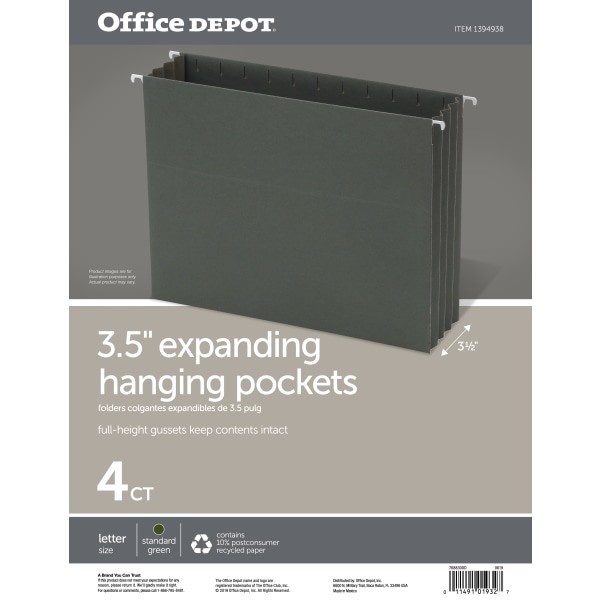 slide 3 of 3, Office Depot Hanging Pockets with Full-Height Gussets, Green, 4 ct; 8 1/2 in x 11 in x 3 1/2 in