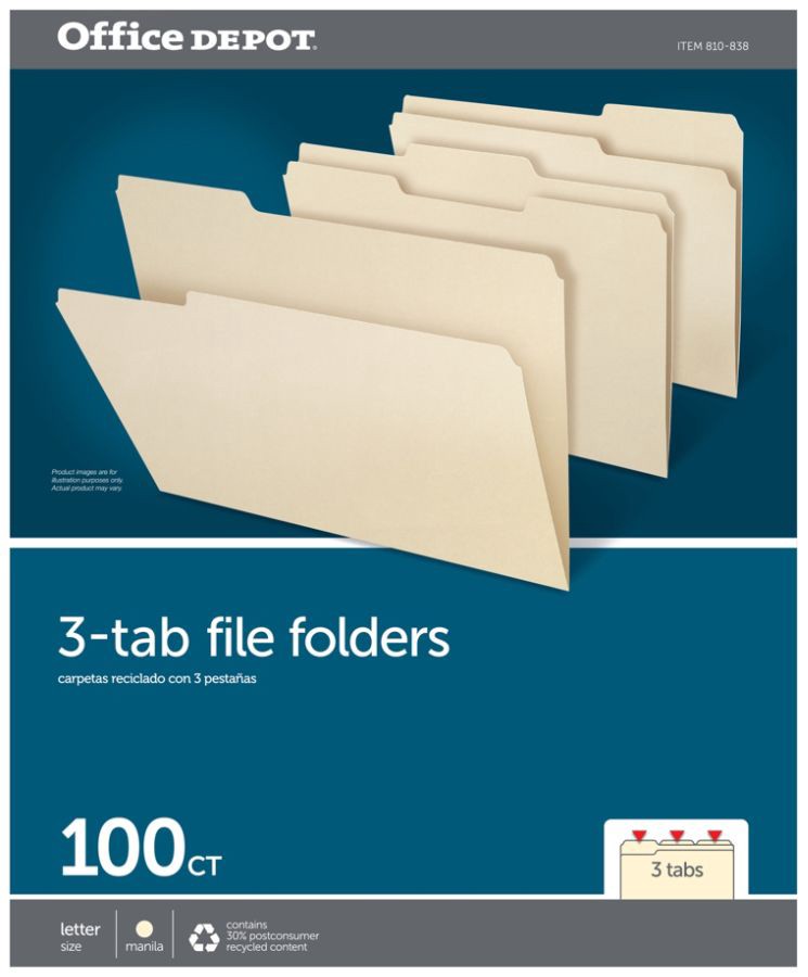 slide 7 of 7, Office Depot Brand File Folders, 1/3 Cut, Letter Size, 30% Recycled, Manila, Pack Of 100, 100 ct