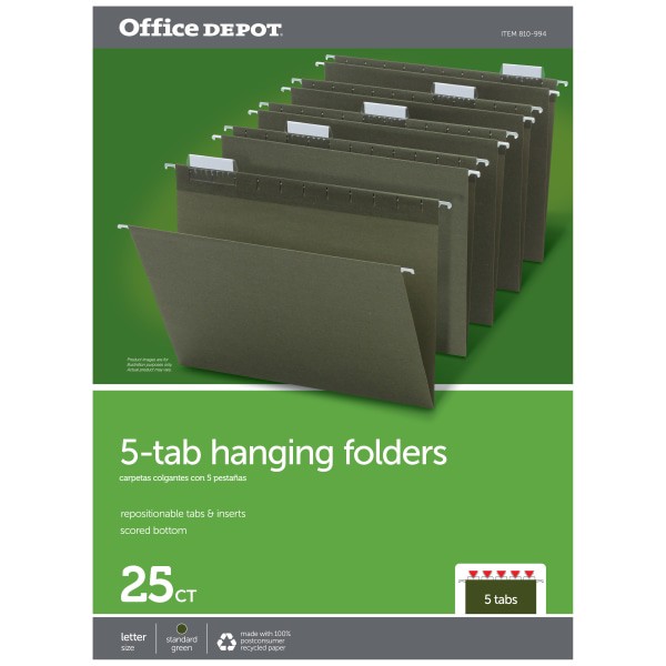 slide 2 of 2, Office Depot Brand Hanging Folders, 1/5 Cut, Letter Size, 100% Recycled, Green, Pack Of 25, 25 ct