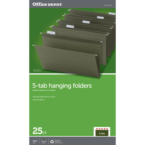 slide 4 of 4, Office Depot Brand Hanging Folders, 1/5 Cut, Legal Size, 100% Recycled, Green, Pack Of 25, 25 ct
