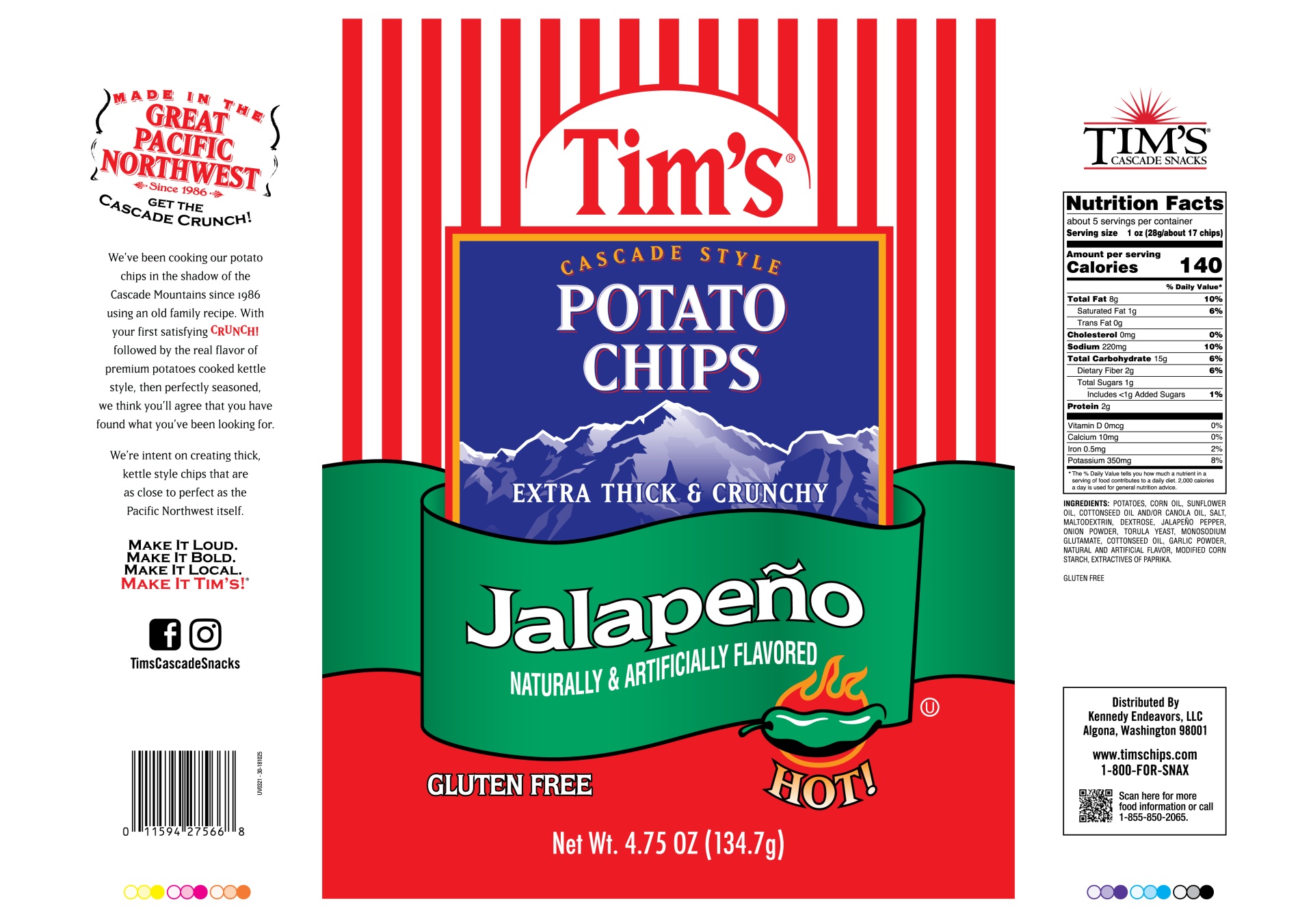 slide 5 of 5, Tims Tim's Cascade Style Potato Chips, Jalapeno, 4.75 oz