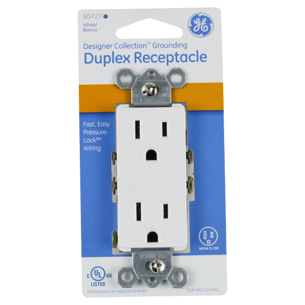 slide 1 of 1, GE Grounding Duplex Receptacle, White, 1 ct