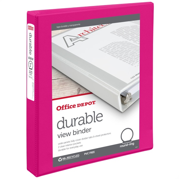 slide 1 of 1, Office Depot Brand Durable View Round-Ring Binder, 1'' Rings, Hot Pink, 1 ct