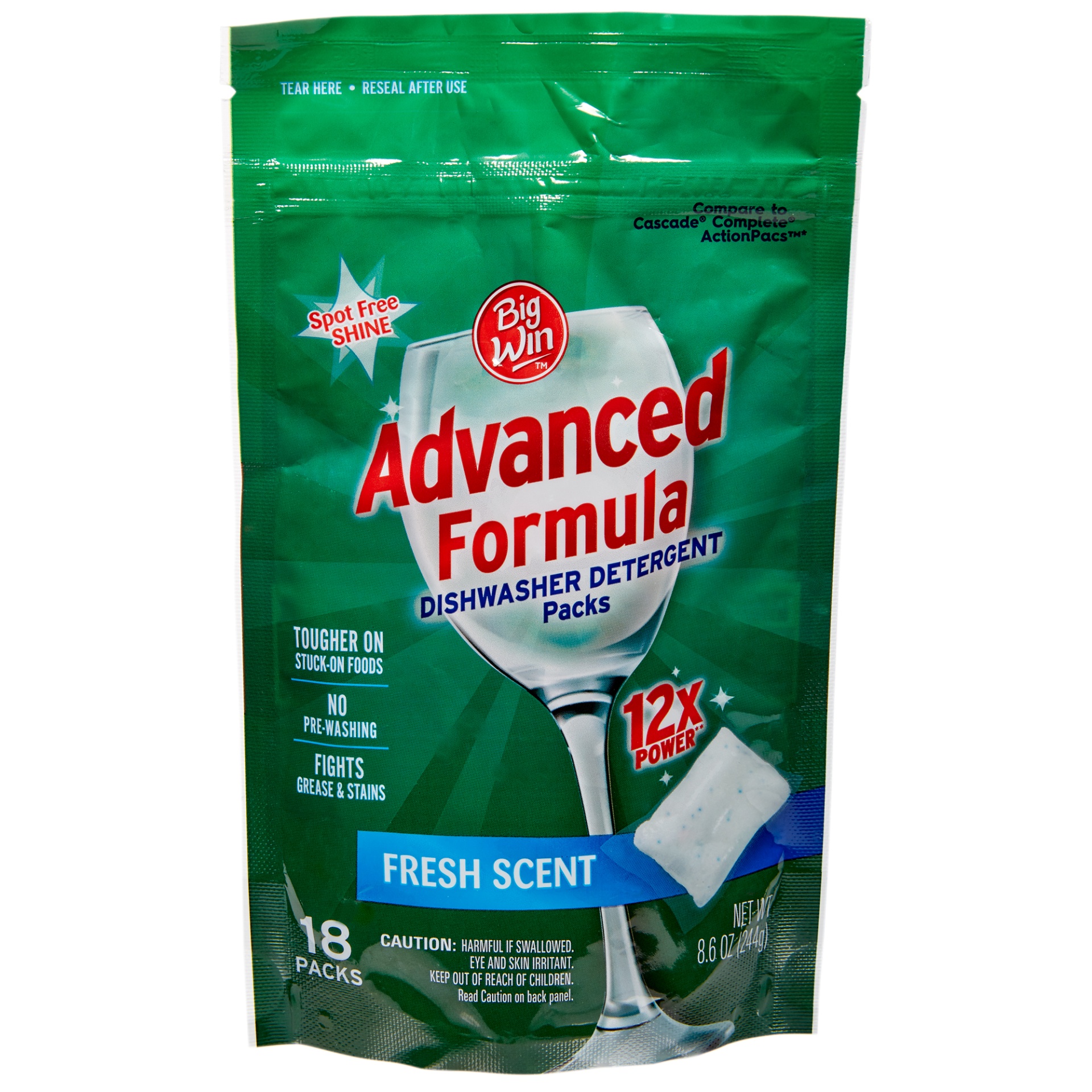 slide 1 of 1, Big Win Advanced Formula Dishwasher Detergent Packs, Fresh Scent, 18 ct
