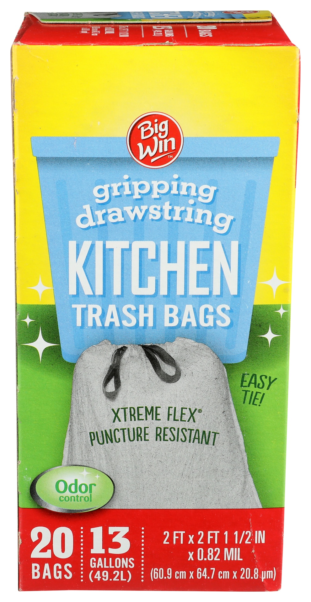 slide 1 of 1, Big Win Gripping Drawstring Kitchen Trash Bags with Odor Control, 13 Gallon, 20 ct