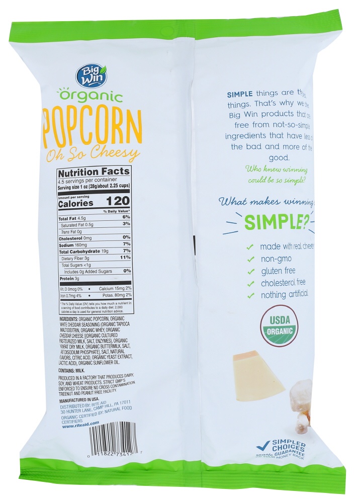 slide 2 of 4, Big Win Organic White Cheddar Popcorn, 4.5 oz
