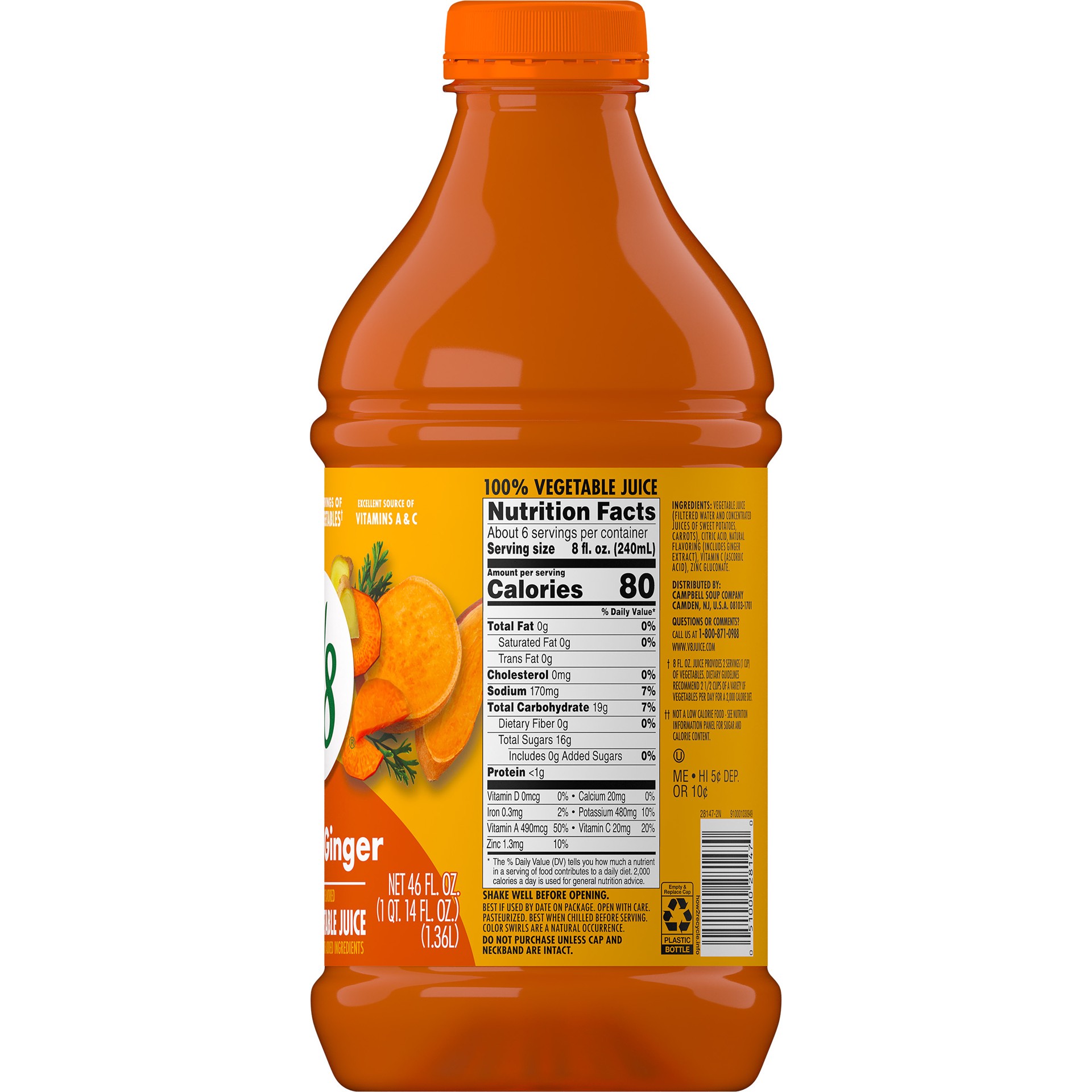 slide 5 of 5, V8 Juice, Carrot Ginger, Plant-Based Drink Bottle, 46 oz