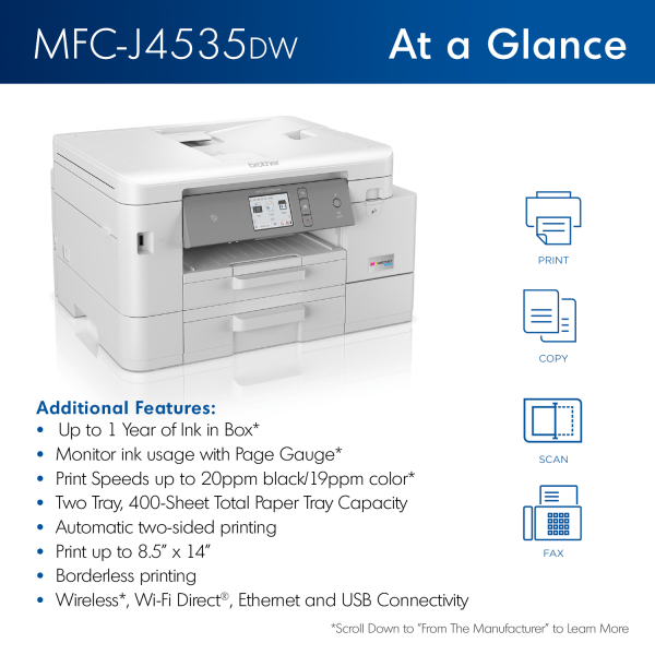 slide 2 of 10, Brother Mfc-J4535Dw Inkvestment Tank Wireless Inkjet All-In-One Color Printer, 1 ct