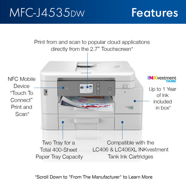 slide 3 of 10, Brother Mfc-J4535Dw Inkvestment Tank Wireless Inkjet All-In-One Color Printer, 1 ct