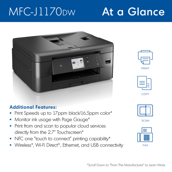slide 2 of 10, Brother Mfc-J1170Dw Wireless Color Inkjet All-In-One Printer, 1 ct