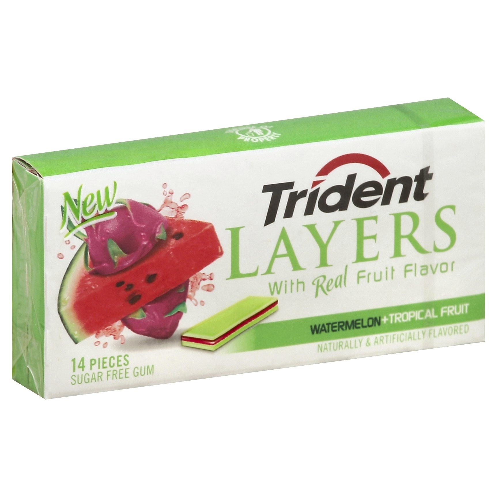 slide 1 of 1, Trident Layers Watermelon + Tropical Fruit Sugar Free Gum, 14 ct