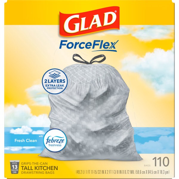 slide 6 of 10, Glad Force Flex Drawstring Fresh Clean Odor Shield 13 Gallon 110ct, 110 ct