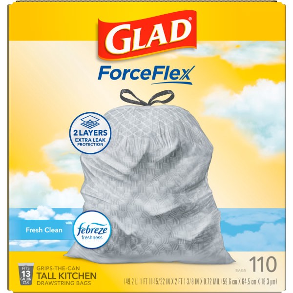slide 5 of 10, Glad Force Flex Drawstring Fresh Clean Odor Shield 13 Gallon 110ct, 110 ct