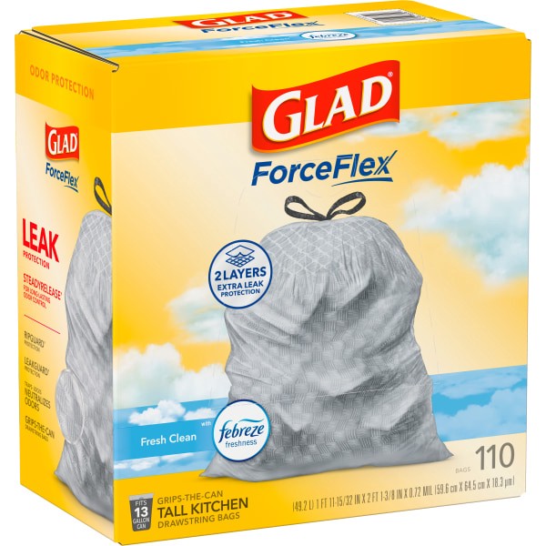 slide 2 of 10, Glad Force Flex Drawstring Fresh Clean Odor Shield 13 Gallon 110ct, 110 ct