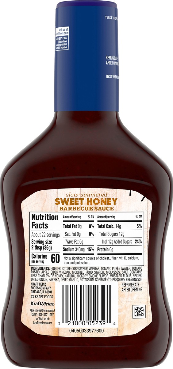 slide 2 of 9, Kraft Sweet Honey Slow-Simmered Barbecue Sauce Family Size, 28 oz Bottle, 28 oz