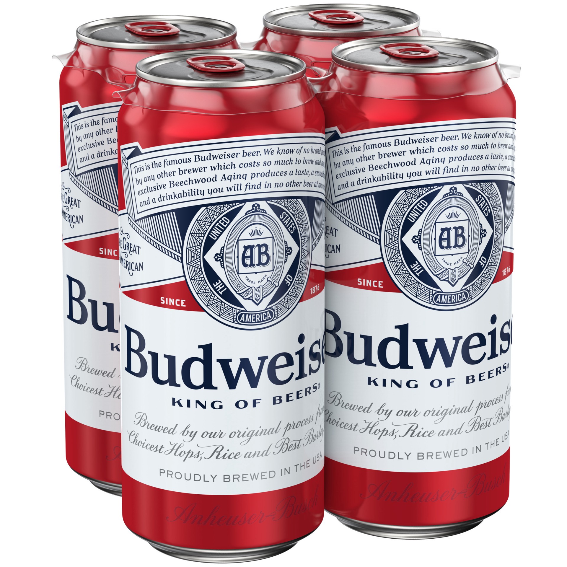 slide 1 of 3, Budweiser Lager Beer 4 - 16 fl oz Cans, 5.0% ABV, 64 fl oz