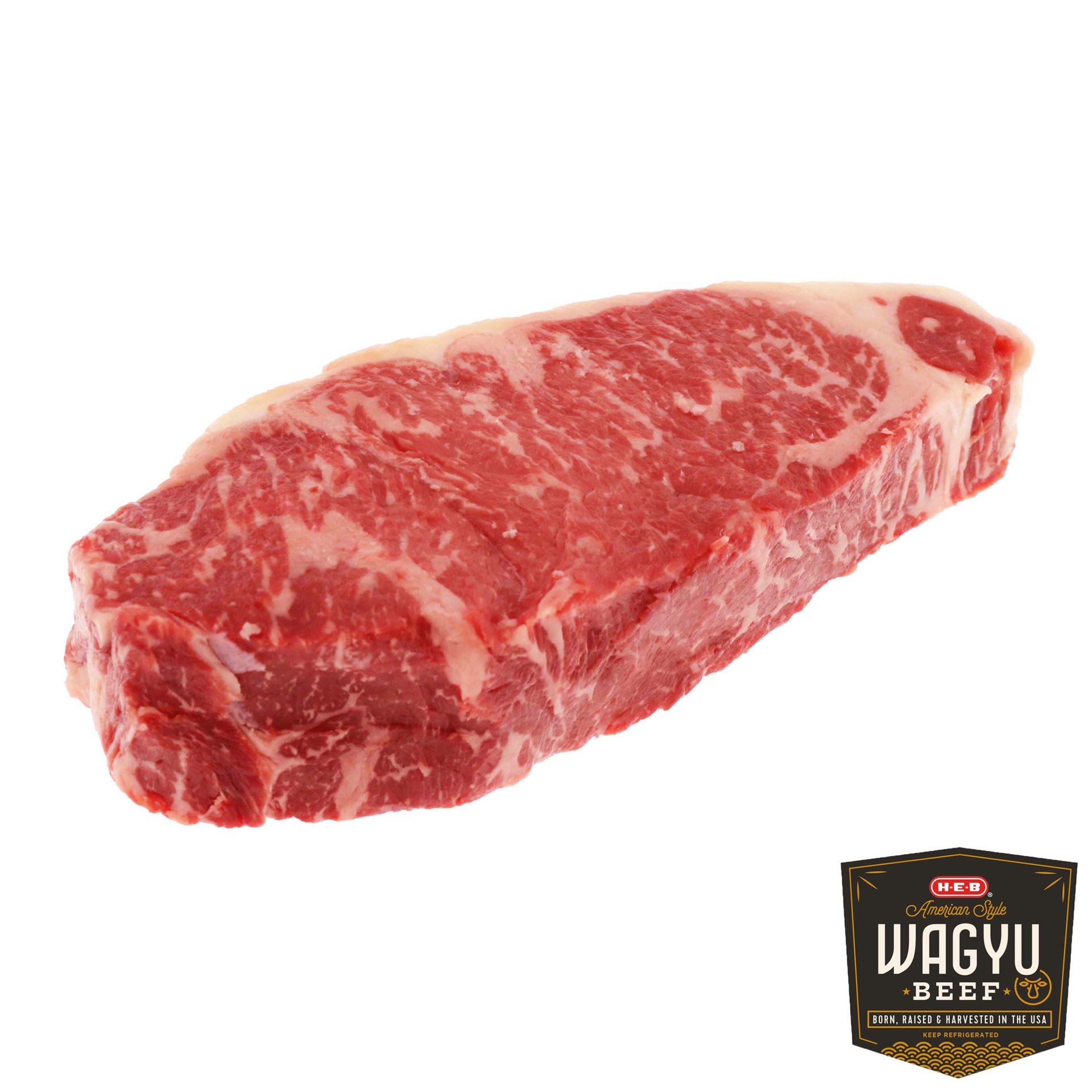 slide 1 of 1, H-E-B American Style Wagyu Beef NY Strip Steak, Boneless, per lb