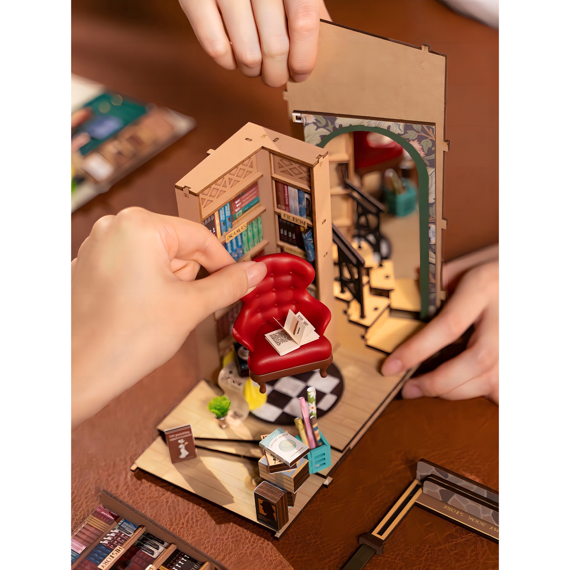 slide 5 of 11, Rolife Bookstore Book Nook Shelf Insert Diy Miniature Kit, 7.87 in x 4.52 in x 8.66 in
