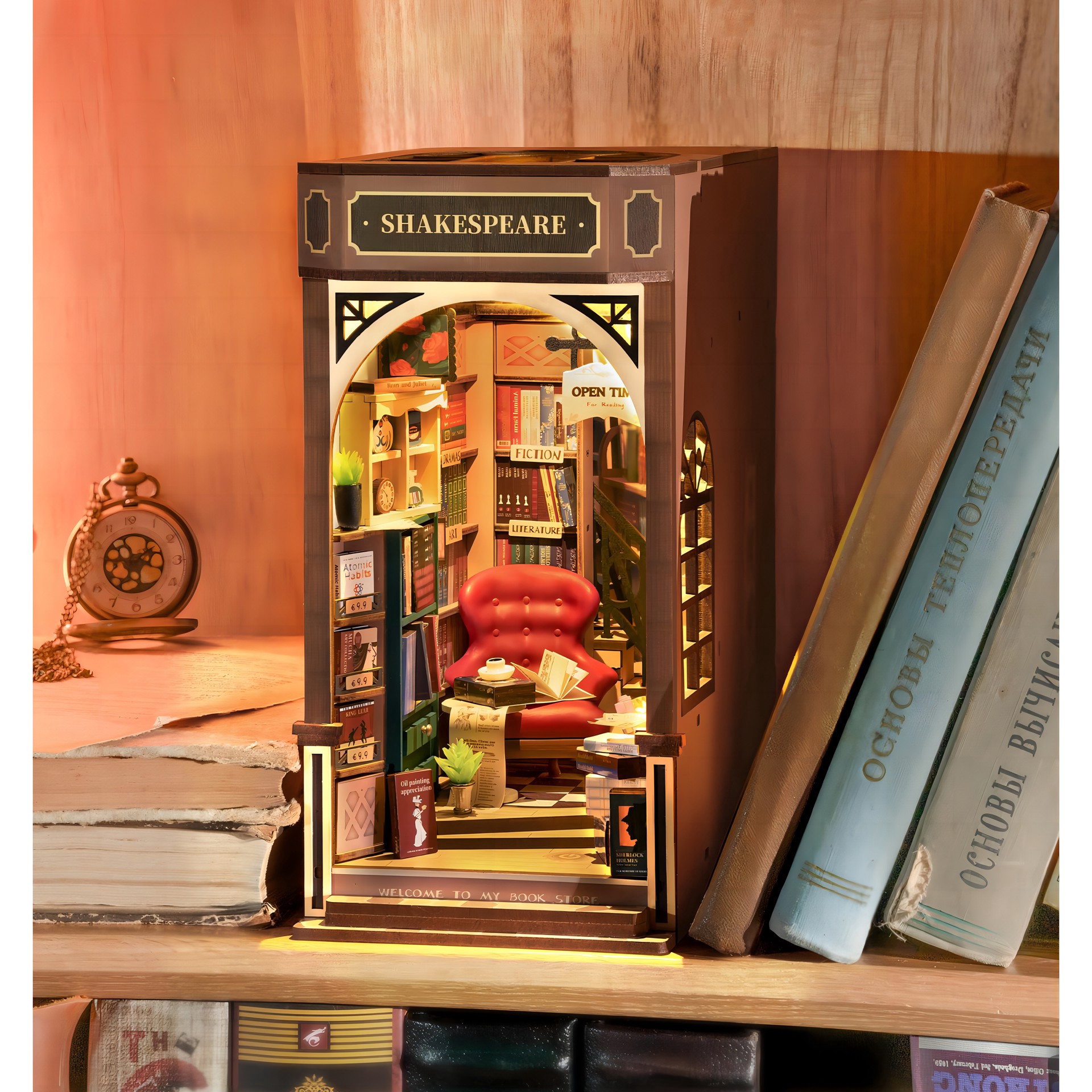 slide 8 of 11, Rolife Bookstore Book Nook Shelf Insert Diy Miniature Kit, 7.87 in x 4.52 in x 8.66 in