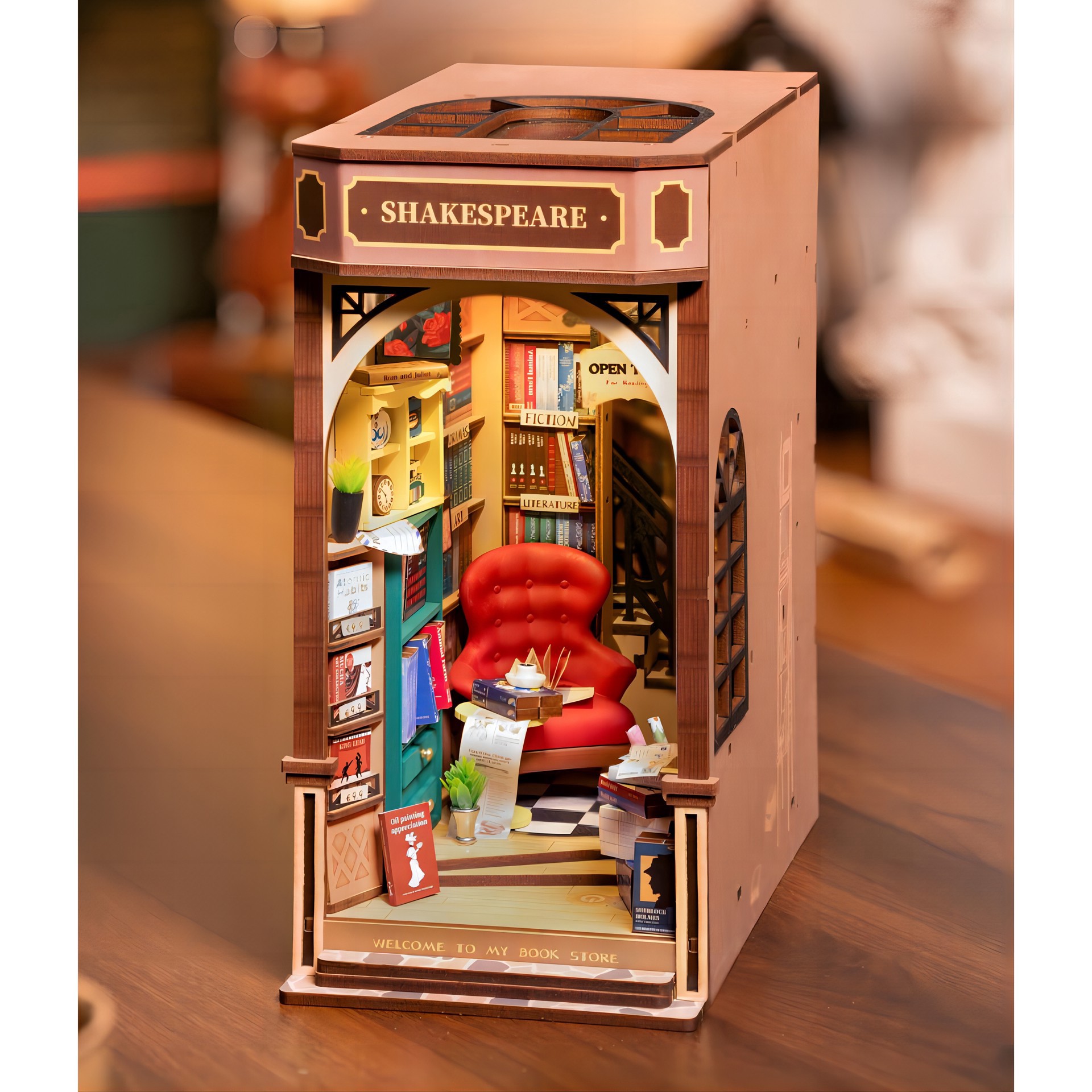 slide 3 of 11, Rolife Bookstore Book Nook Shelf Insert Diy Miniature Kit, 7.87 in x 4.52 in x 8.66 in