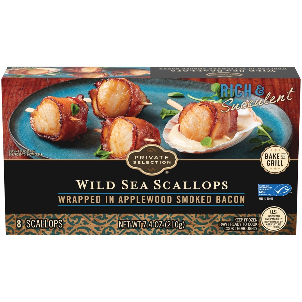 slide 1 of 1, Private Selection Applewood Smoked Bacon Wrapped Wild Sea Scallops, 8 ct; 7.4 oz