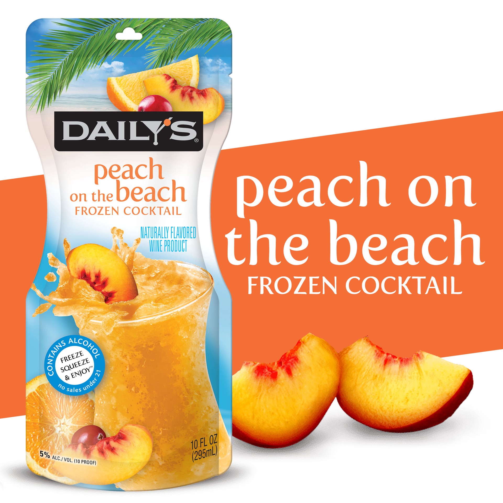 slide 1 of 9, Daily's Daily''s Peach On The Beach Ready to Drink Frozen Cocktail, 10 FL OZ Pouch, 10 fl oz