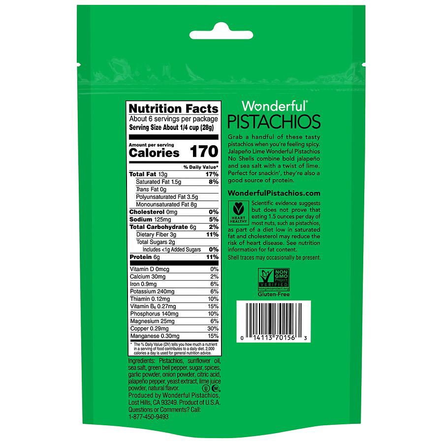 slide 3 of 3, Wonderful Pistachios, No Shells Jalapeño Lime Flavored Nuts, 5.5 Ounce Bag, 5.5 oz