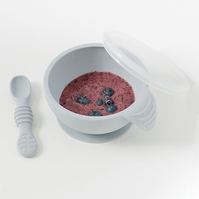 slide 2 of 8, Bumkins Silicone First Feeding Set with Lid & Spoon - Grey, 1 ct