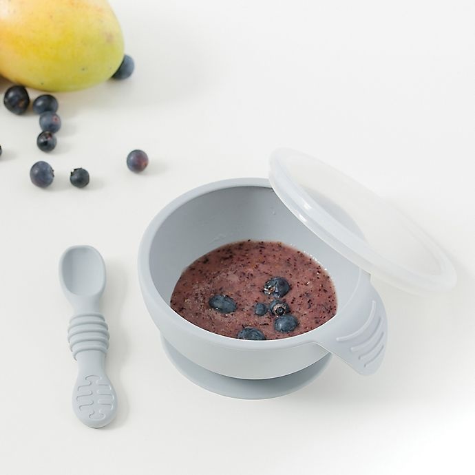 slide 3 of 8, Bumkins Silicone First Feeding Set with Lid & Spoon - Grey, 1 ct