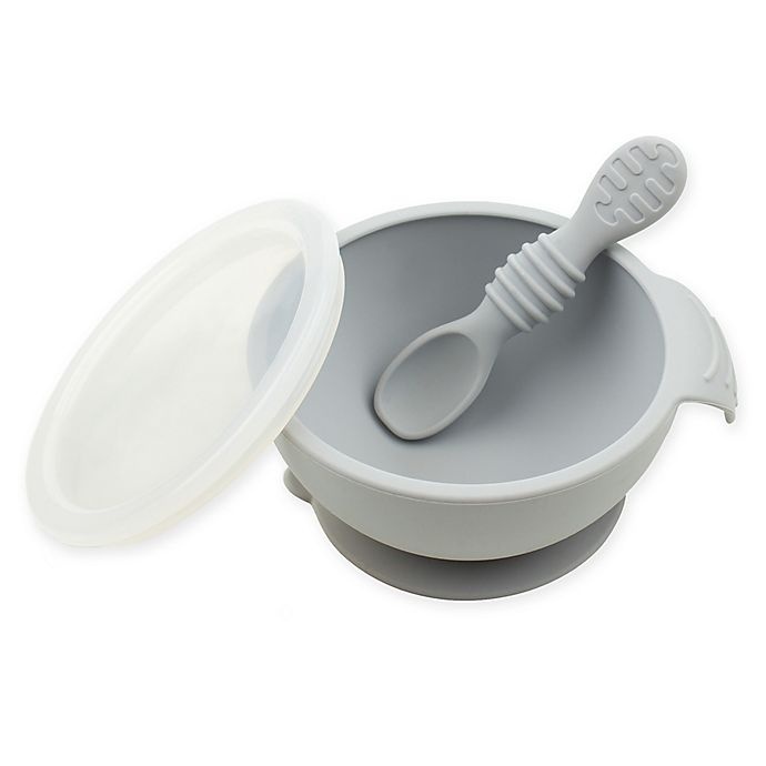 slide 1 of 8, Bumkins Silicone First Feeding Set with Lid & Spoon - Grey, 1 ct