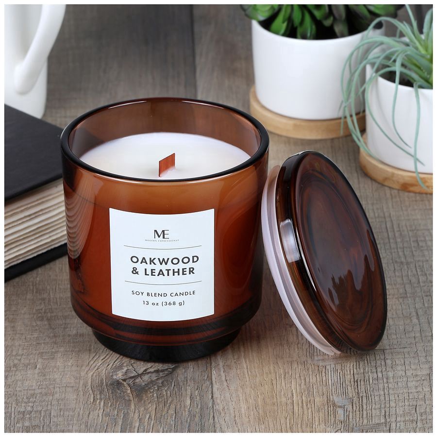 slide 2 of 5, Modern Expressions Soy Blend Candle Oakwood & Leather, 13 oz
