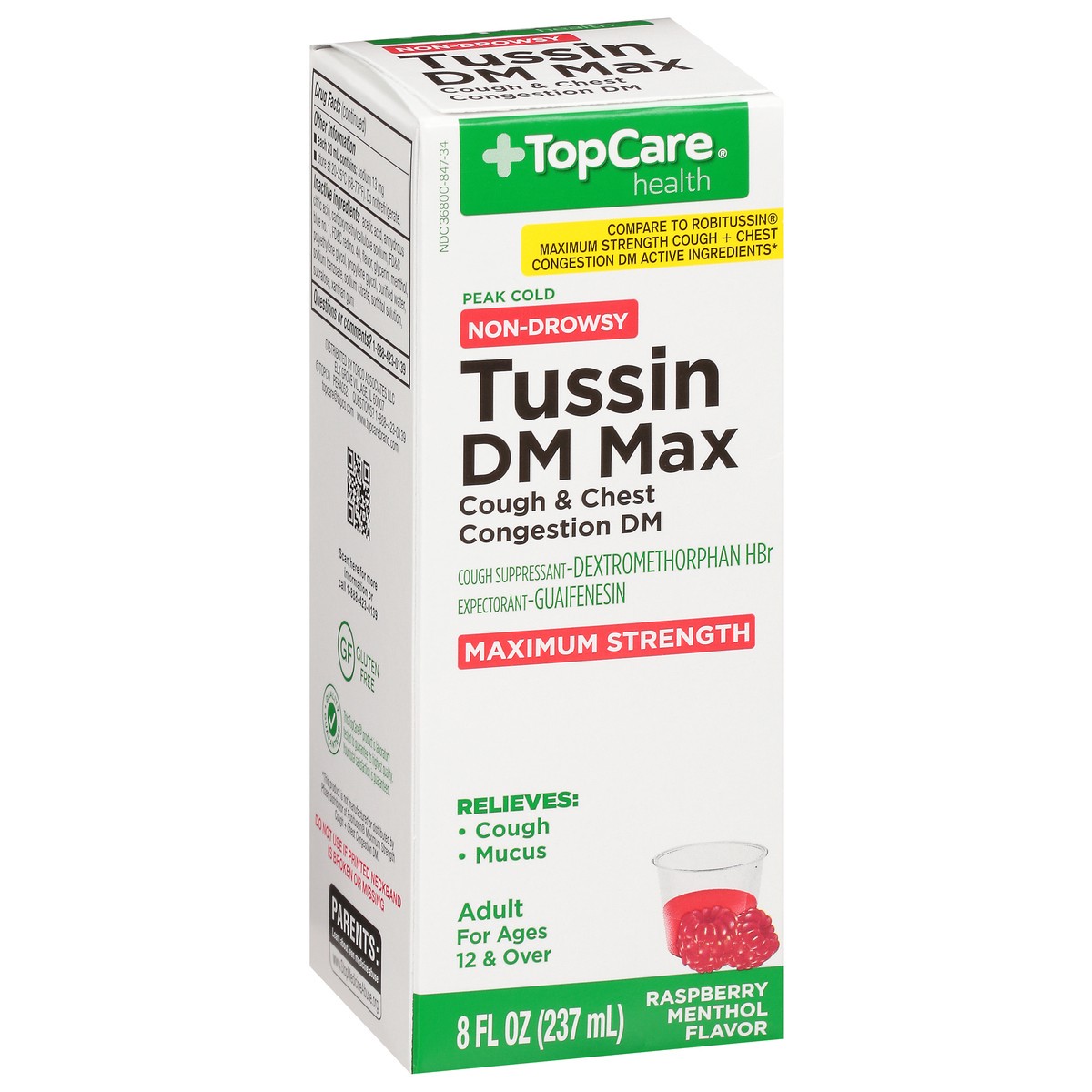 slide 2 of 9, TopCare Health Peak Cold Non-Drowsy Maximum Strength Raspberry Menthol Flavor Tussin DM Max 8 fl oz, 8 fl oz