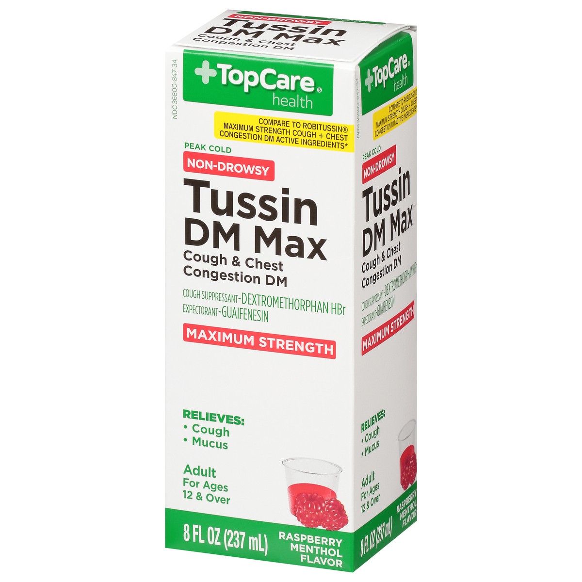 slide 3 of 9, TopCare Health Peak Cold Non-Drowsy Maximum Strength Raspberry Menthol Flavor Tussin DM Max 8 fl oz, 8 fl oz