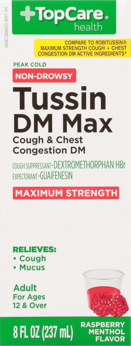 slide 6 of 9, TopCare Health Peak Cold Non-Drowsy Maximum Strength Raspberry Menthol Flavor Tussin DM Max 8 fl oz, 8 fl oz