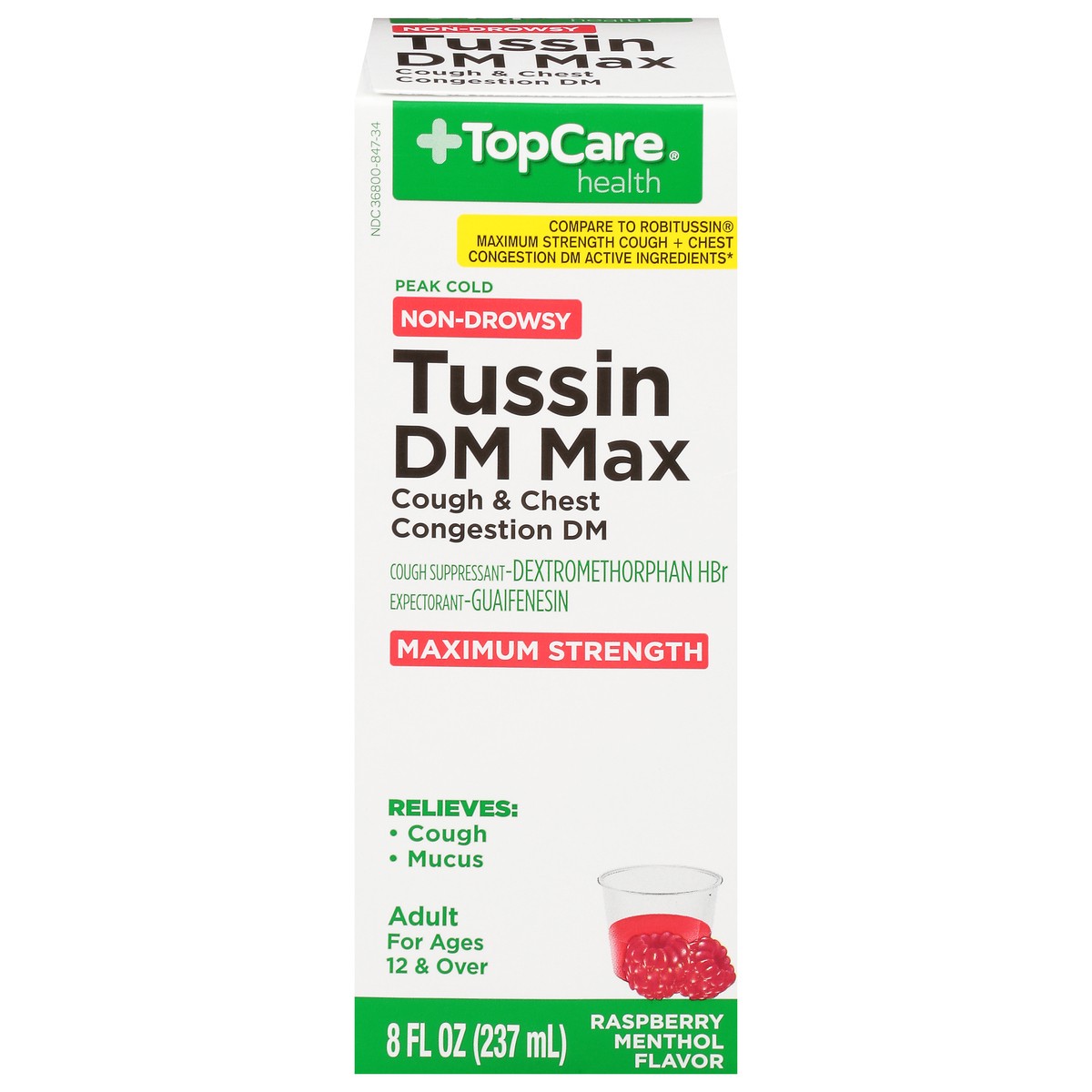 slide 1 of 9, TopCare Health Peak Cold Non-Drowsy Maximum Strength Raspberry Menthol Flavor Tussin DM Max 8 fl oz, 8 fl oz