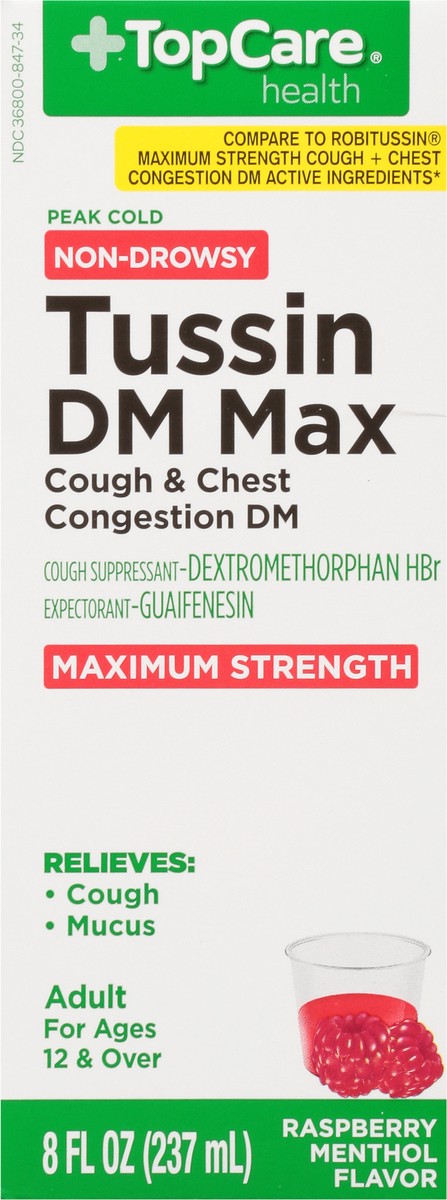 slide 8 of 9, TopCare Health Peak Cold Non-Drowsy Maximum Strength Raspberry Menthol Flavor Tussin DM Max 8 fl oz, 8 fl oz