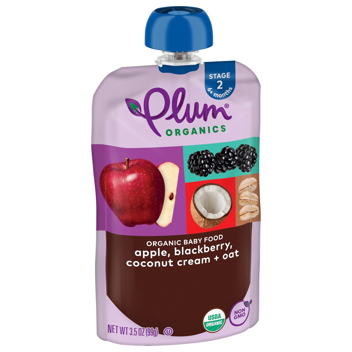 slide 2 of 9, Plum Organics Stage 2 Organic Apple, Blackberry, Coconut Cream & Oat 3.5oz Pouch, 3.5 oz