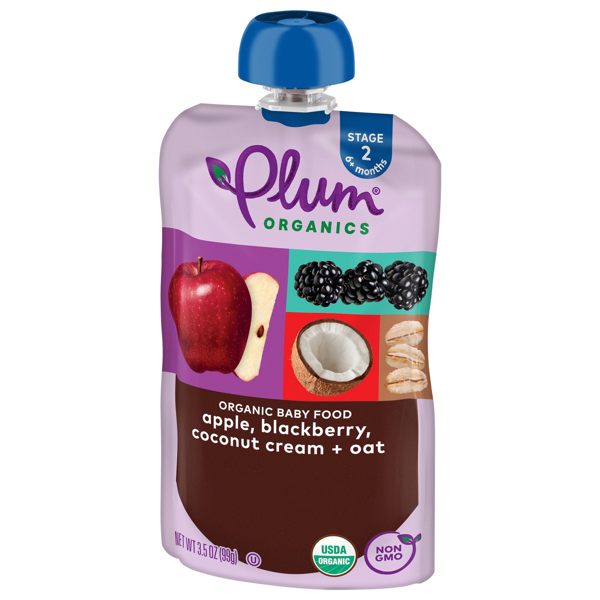 slide 3 of 9, Plum Organics Stage 2 Organic Apple, Blackberry, Coconut Cream & Oat 3.5oz Pouch, 3.5 oz