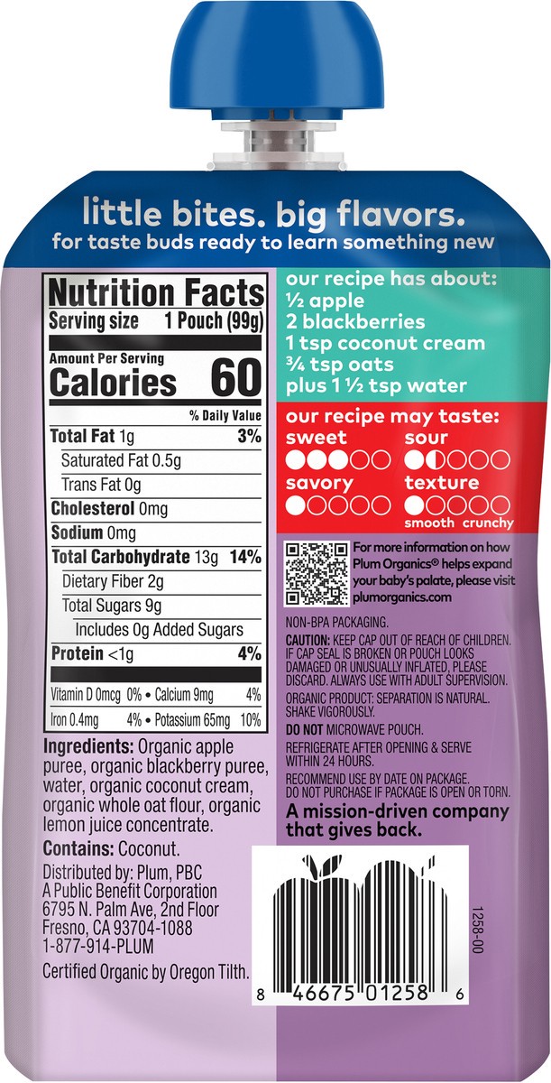 slide 5 of 9, Plum Organics Stage 2 Organic Apple, Blackberry, Coconut Cream & Oat 3.5oz Pouch, 3.5 oz