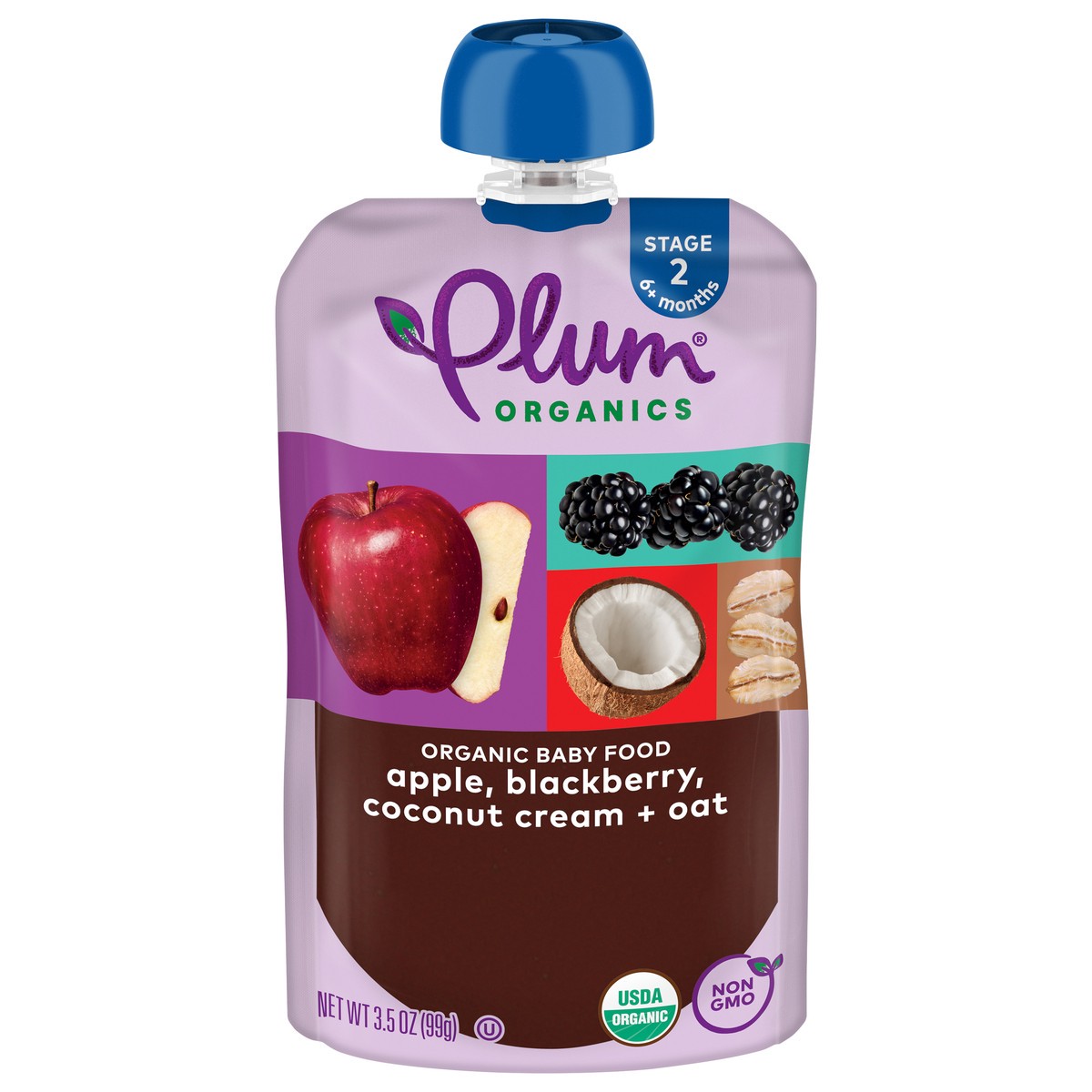 slide 1 of 9, Plum Organics Stage 2 Organic Apple, Blackberry, Coconut Cream & Oat 3.5oz Pouch, 3.5 oz